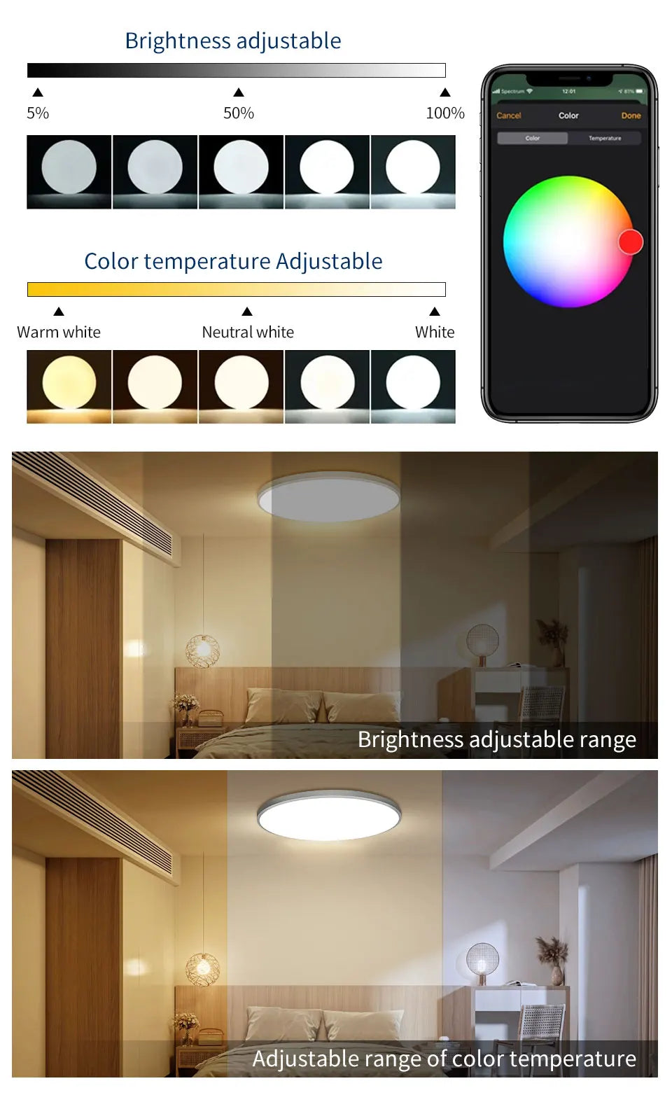 Panneau rond Lampe ambiante Smart WiFi LED Plafonnier 24W