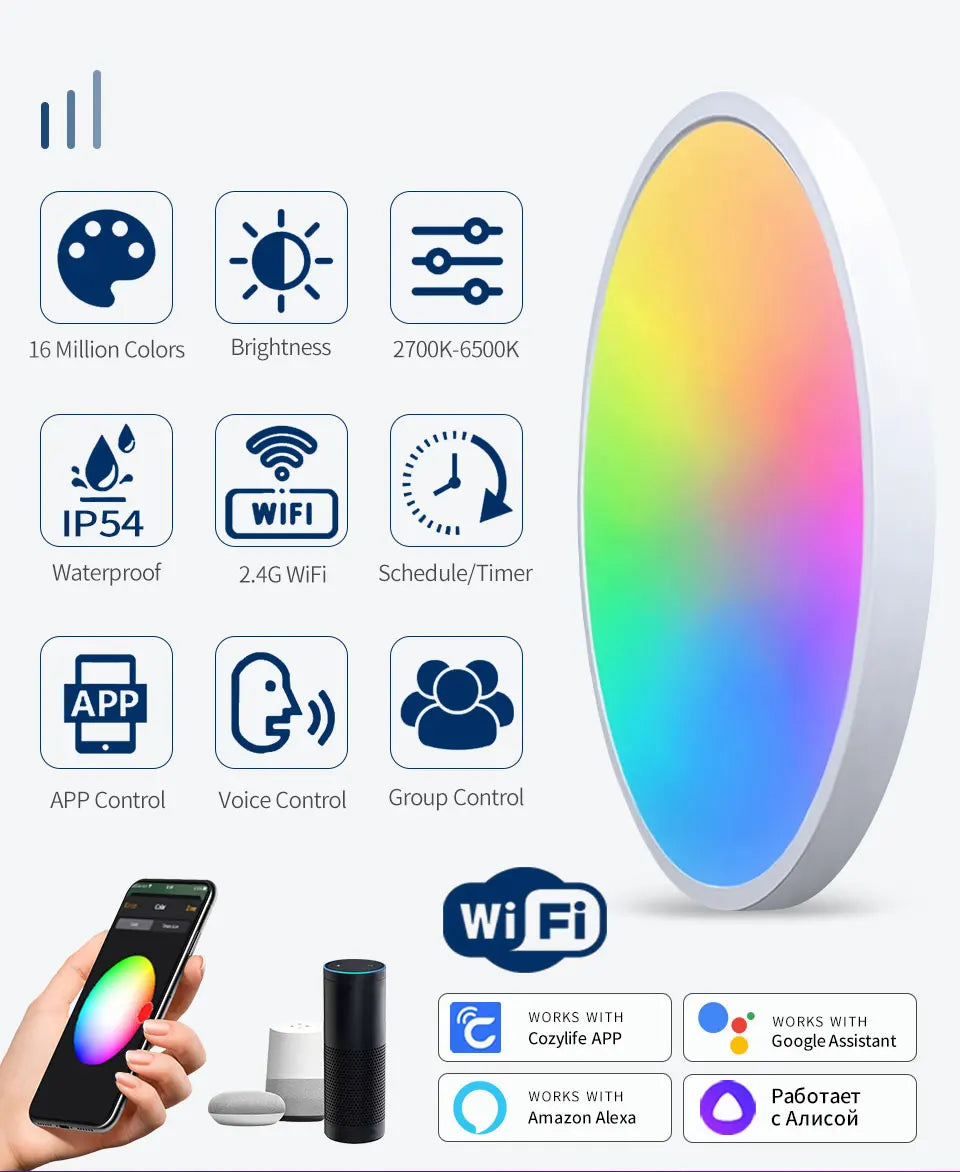 Panneau rond Lampe ambiante Smart WiFi LED Plafonnier 24W